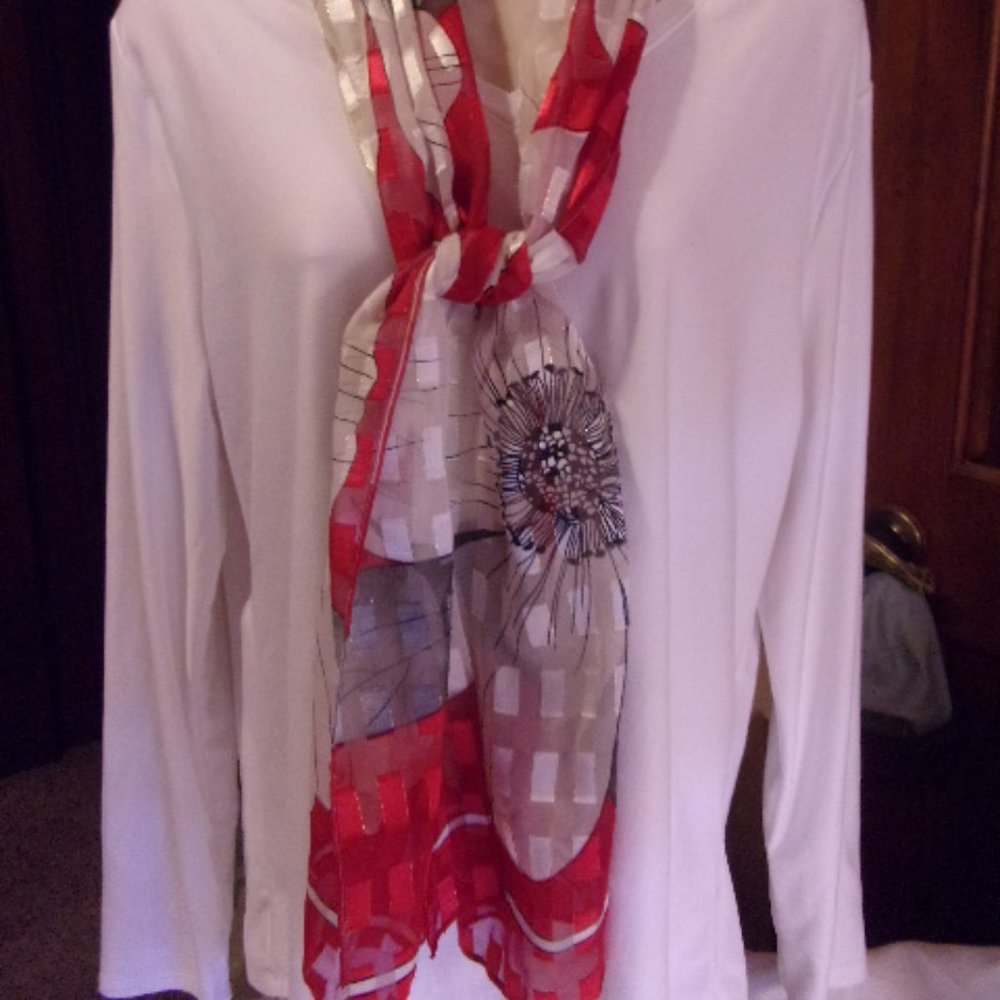 Vintage Red Scarf White Black Flowers 59" x 13"